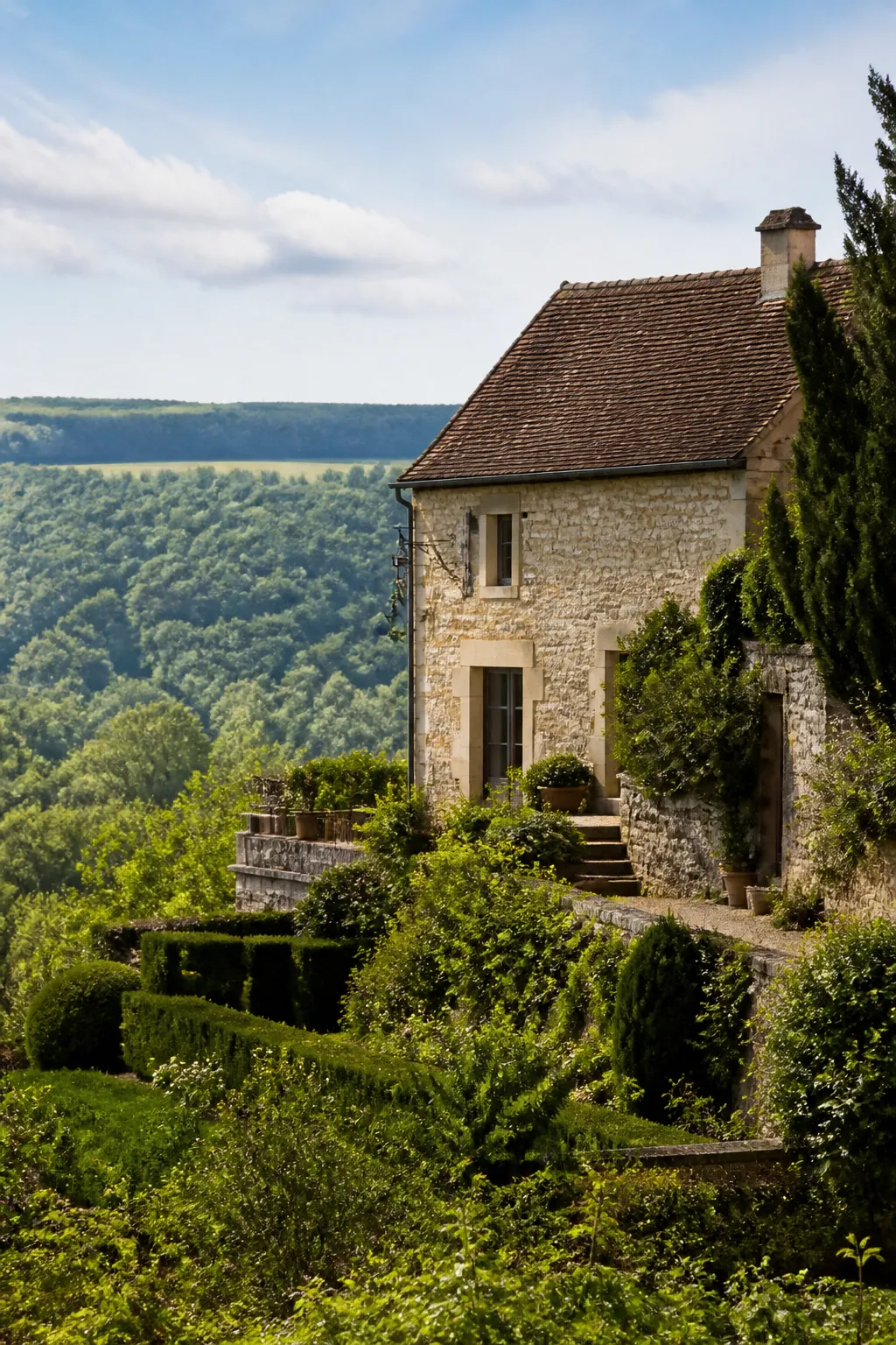 Maison ancienne en pierre sur un coteau dominant une vallée d’Île-de-France