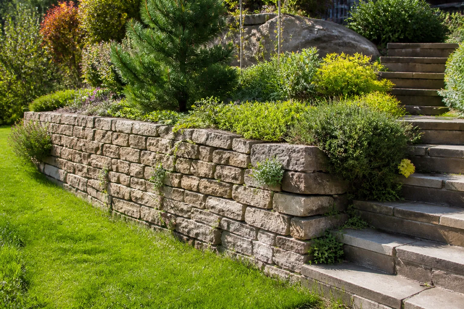 Mur de soutènement en pierre au bord d’un jardin en pente