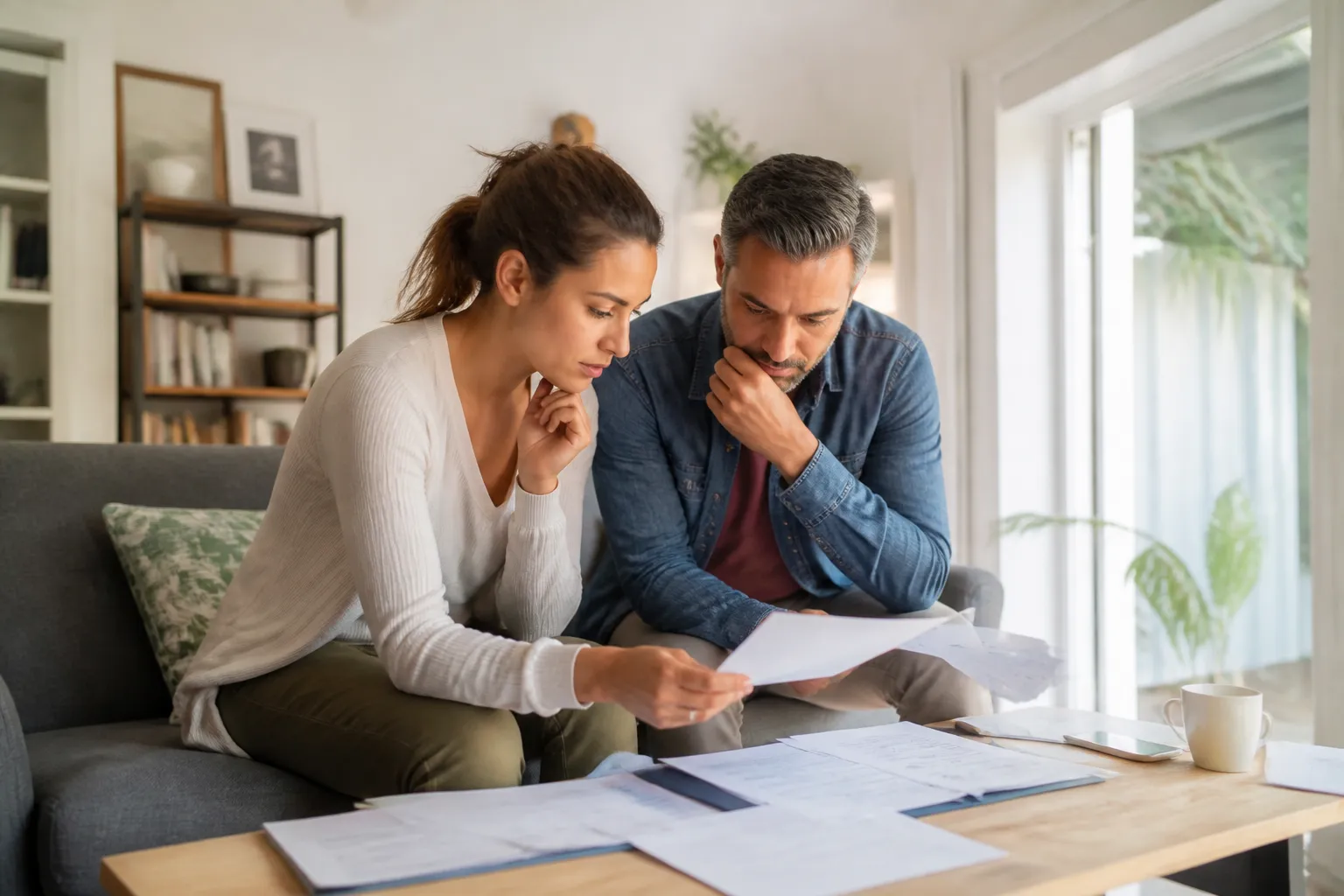 Acheteurs relisant un rapport et un état des risques à une table