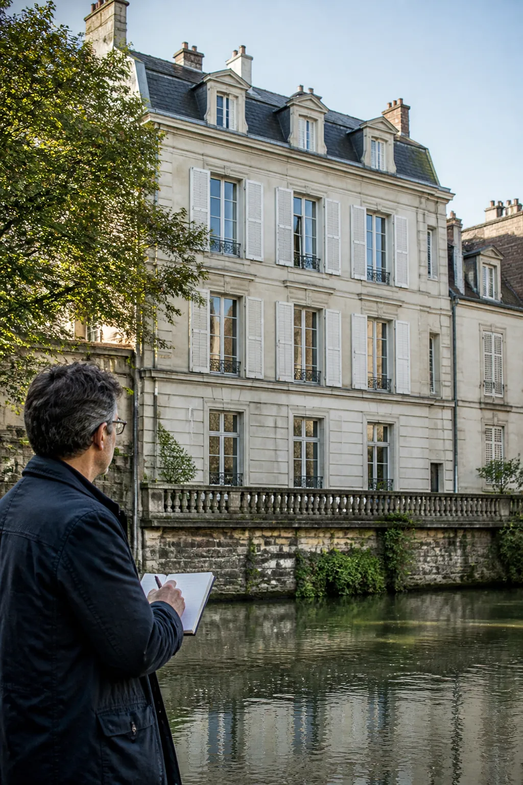 Expert en bâtiment devant une maison de ville au bord d’une rivière à Montargis