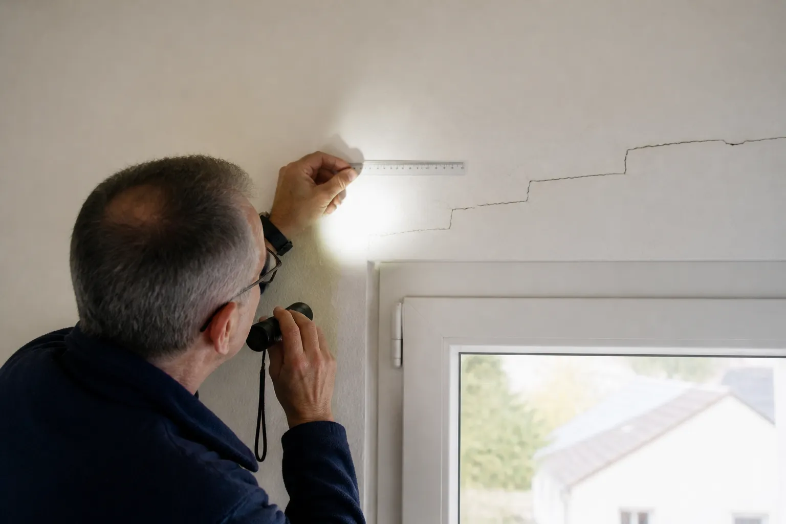 Expert examinant une fissure au-dessus d’une fenêtre de pavillon