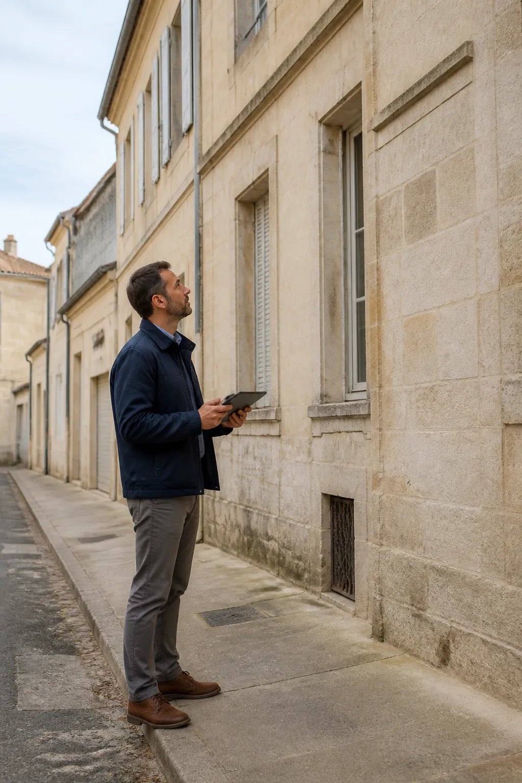 Expert en bâtiment examinant la façade en pierre calcaire d’une maison de ville à Orléans