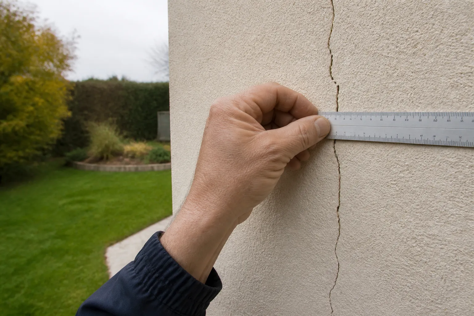 Expert mesurant une fissure sur le mur enduit d’un pavillon
