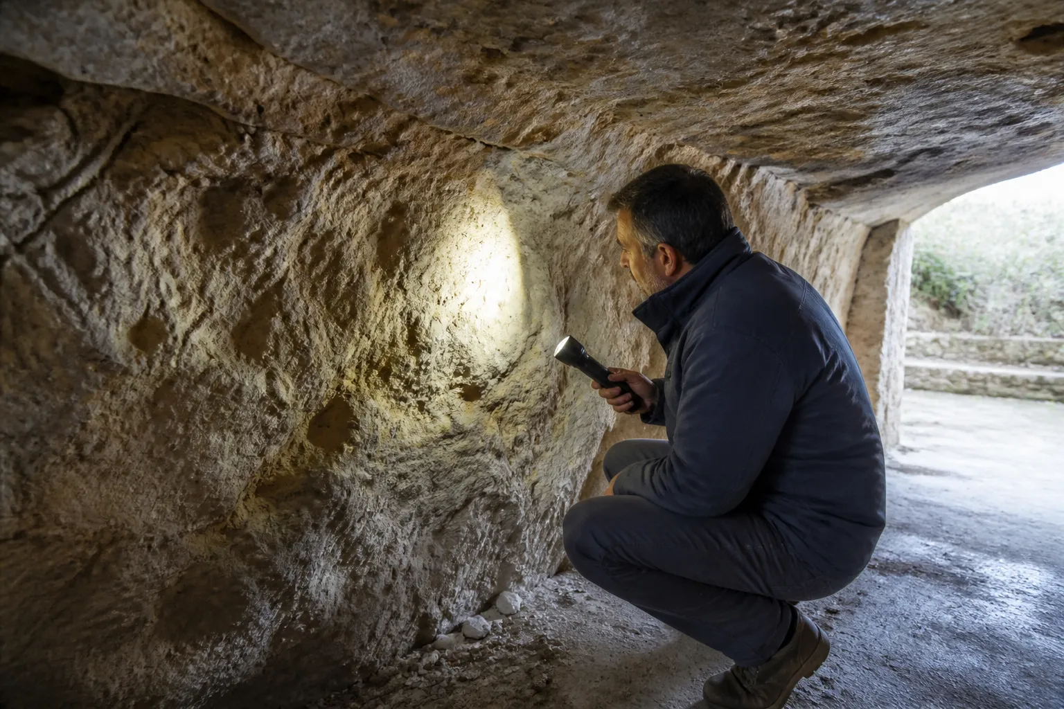 Expert examinant la paroi rocheuse d’une cave de coteau