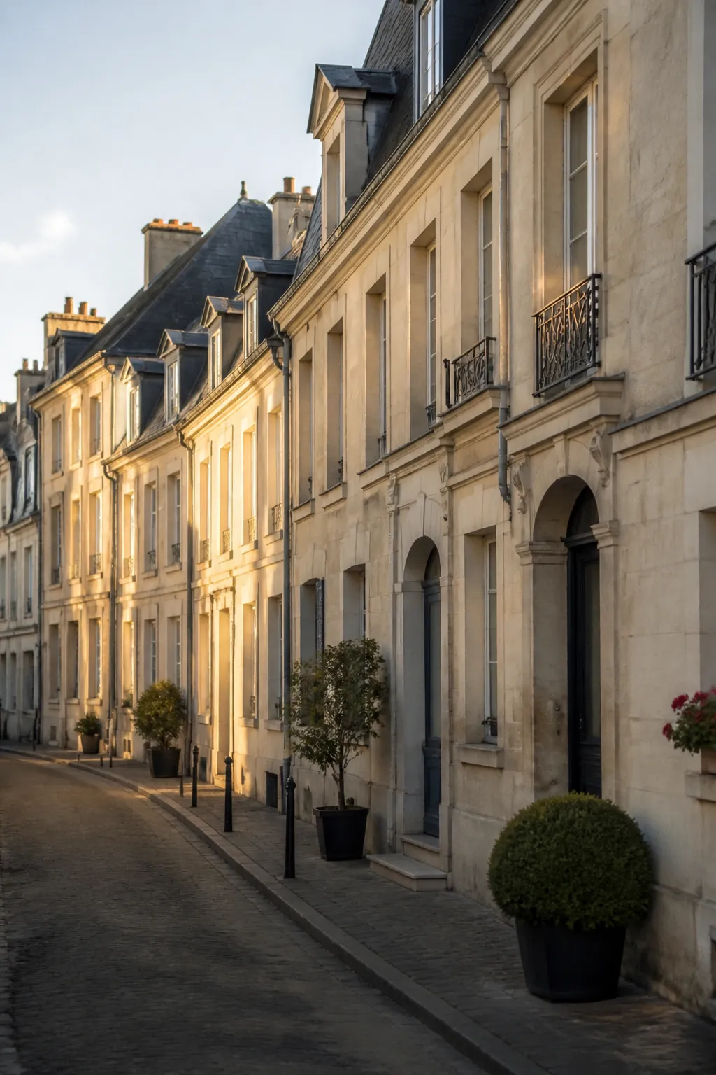 Façade de maison de ville ancienne en pierre de taille claire avec toit d’ardoise, illustration bilan avant achat à Tours