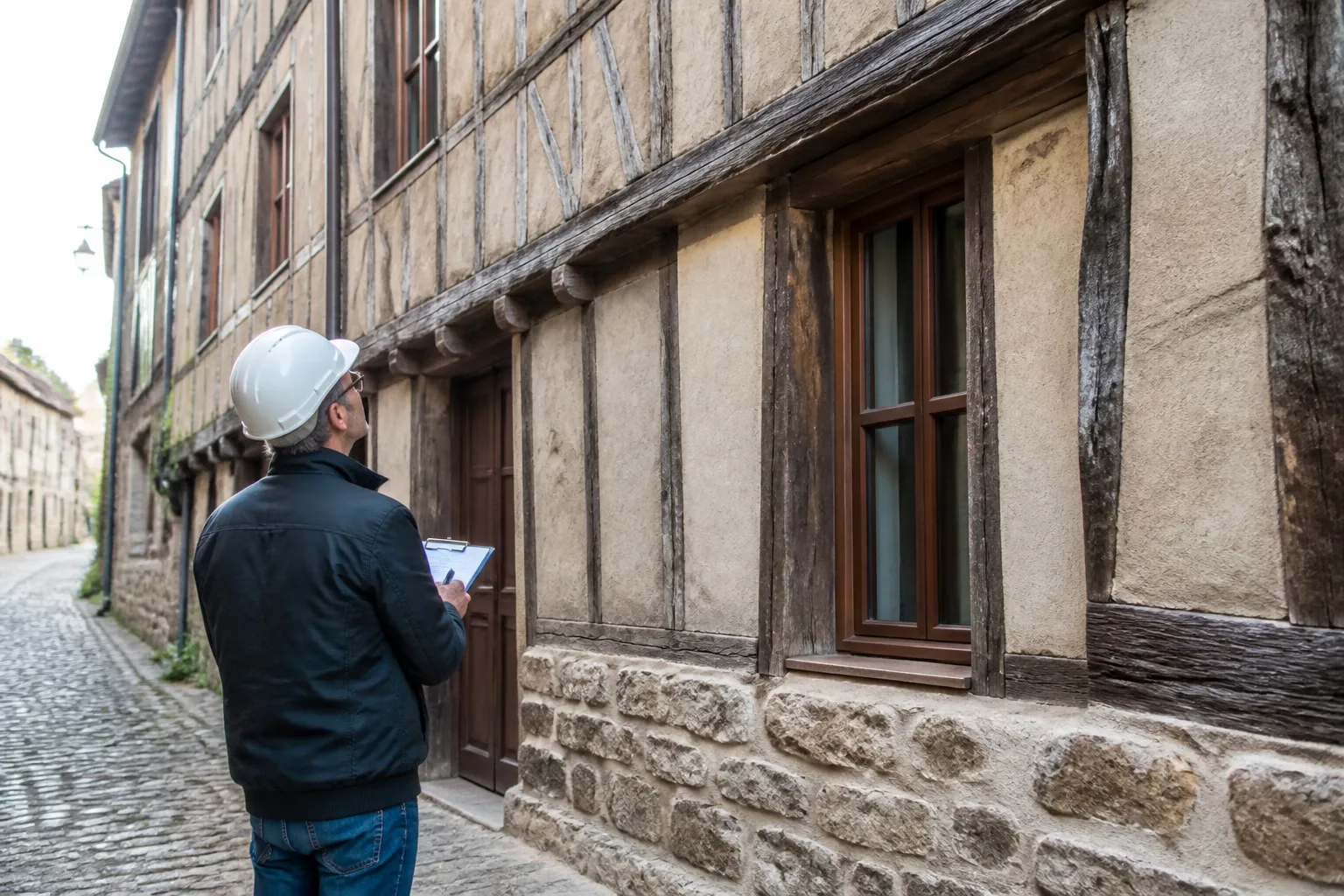 Expert observant une façade ancienne à pans de bois