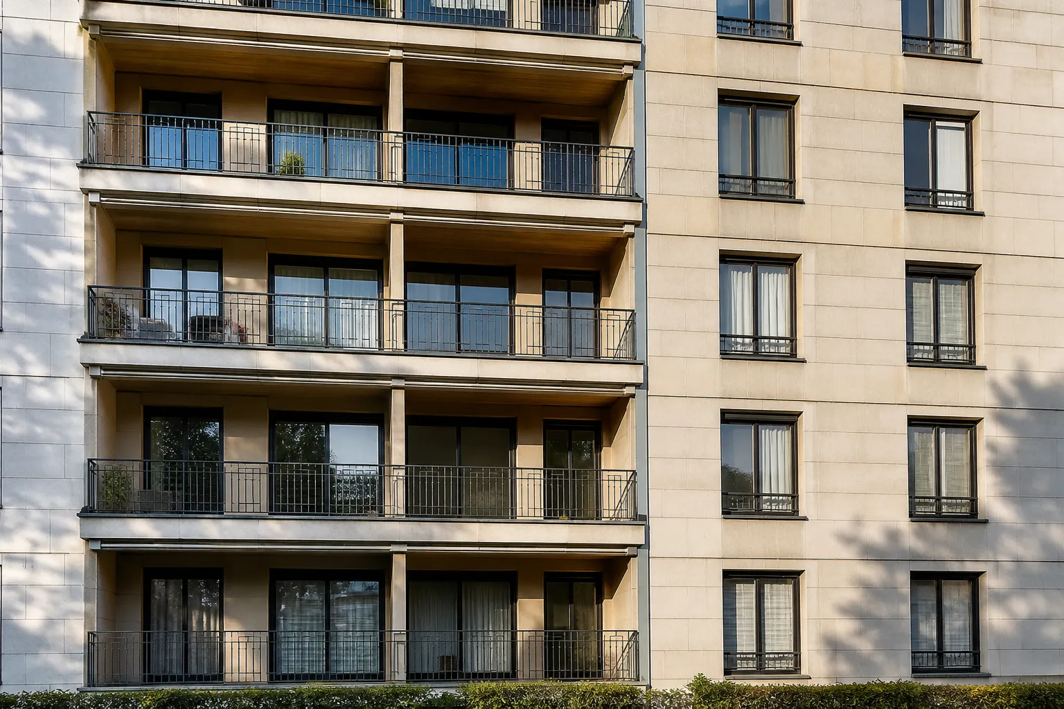 Balcon d’un immeuble d’après-guerre en béton avec parement de pierre
