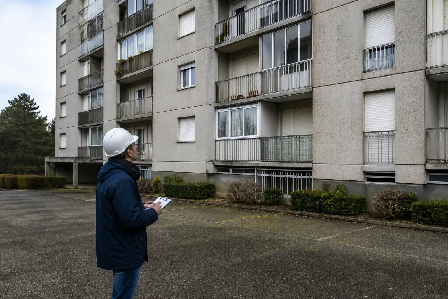 Résidence des années 1970 avec balcons en béton