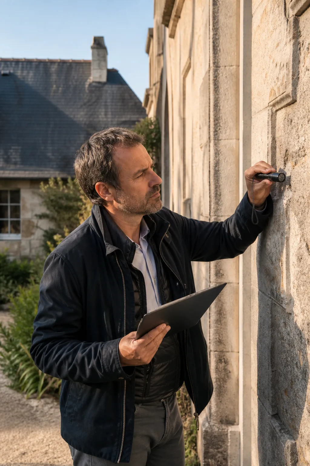 Expert en bâtiment examinant la façade d’une maison avant achat