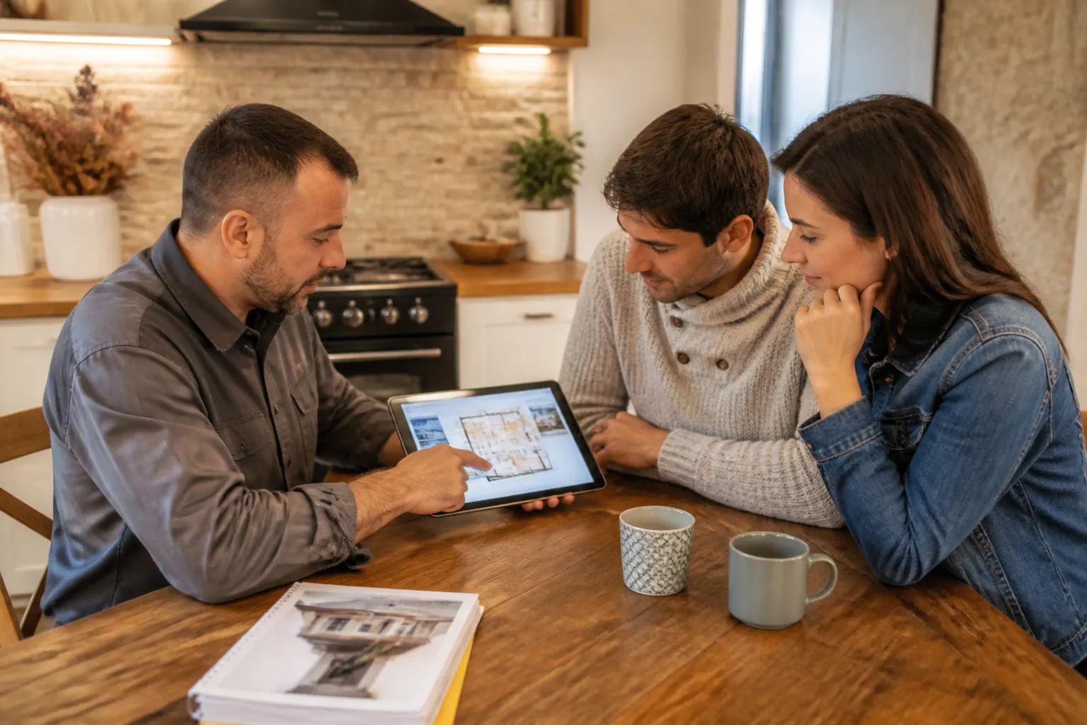 Expert présentant son rapport de bilan avant achat à un couple