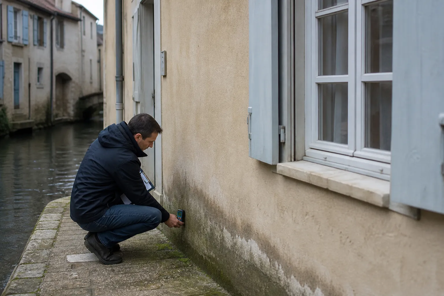 Maison au bord d’un canal avec traces d’humidité en pied de mur