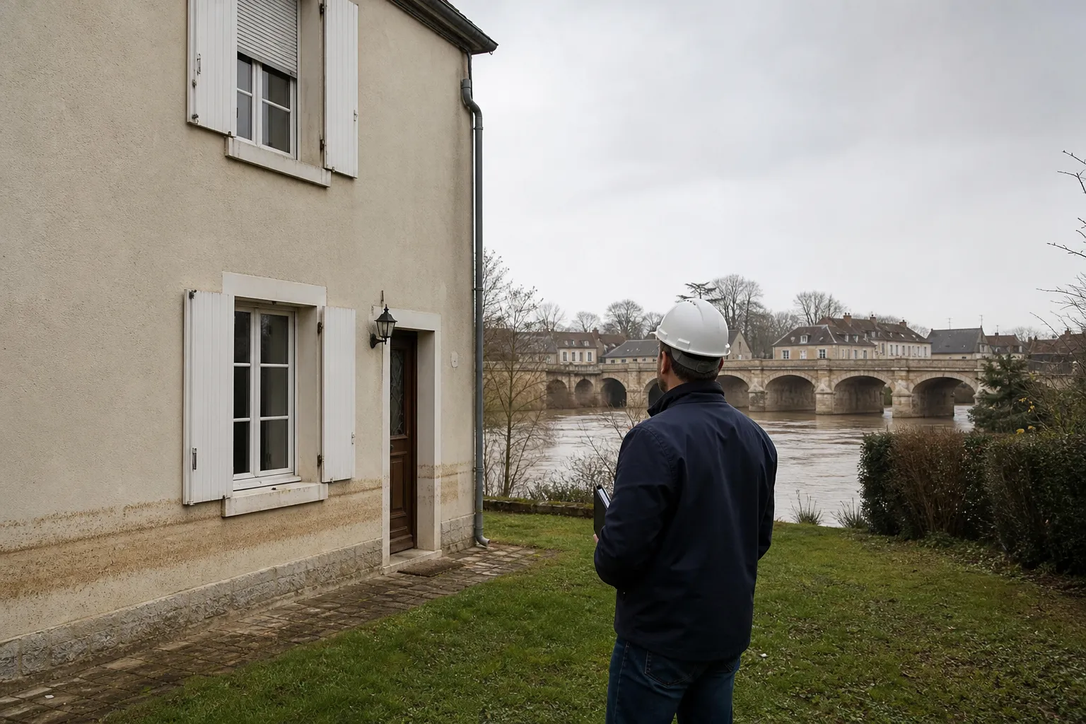Maison au bord d’une rivière avec traces de crue