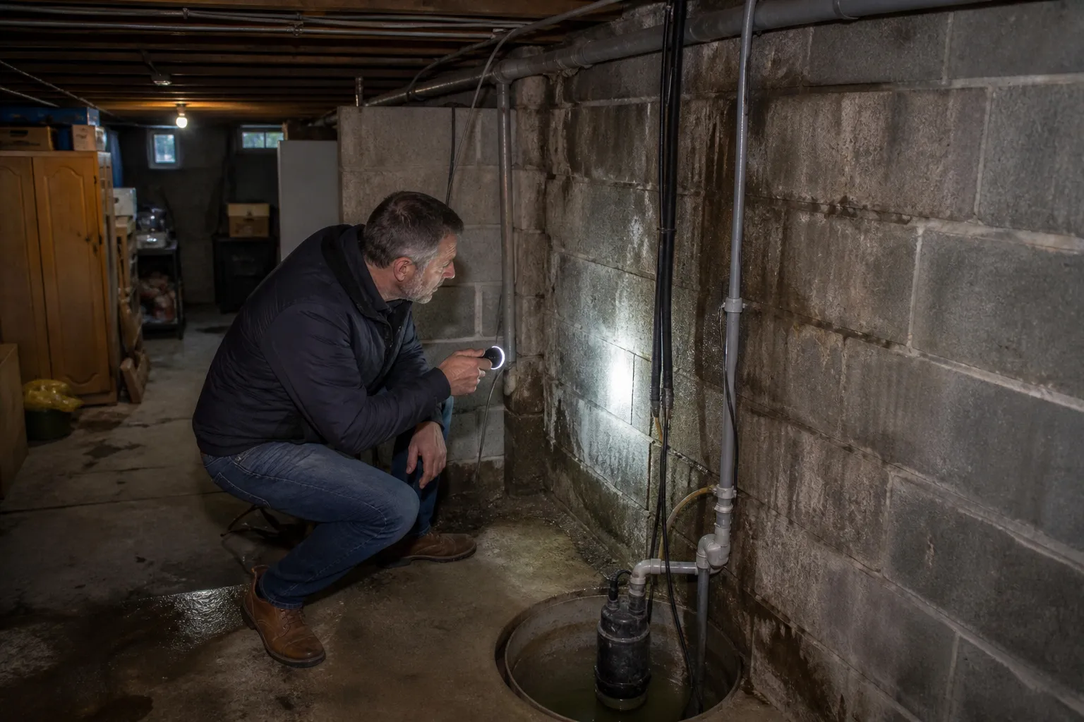 Sous-sol de pavillon avec traces d’eau