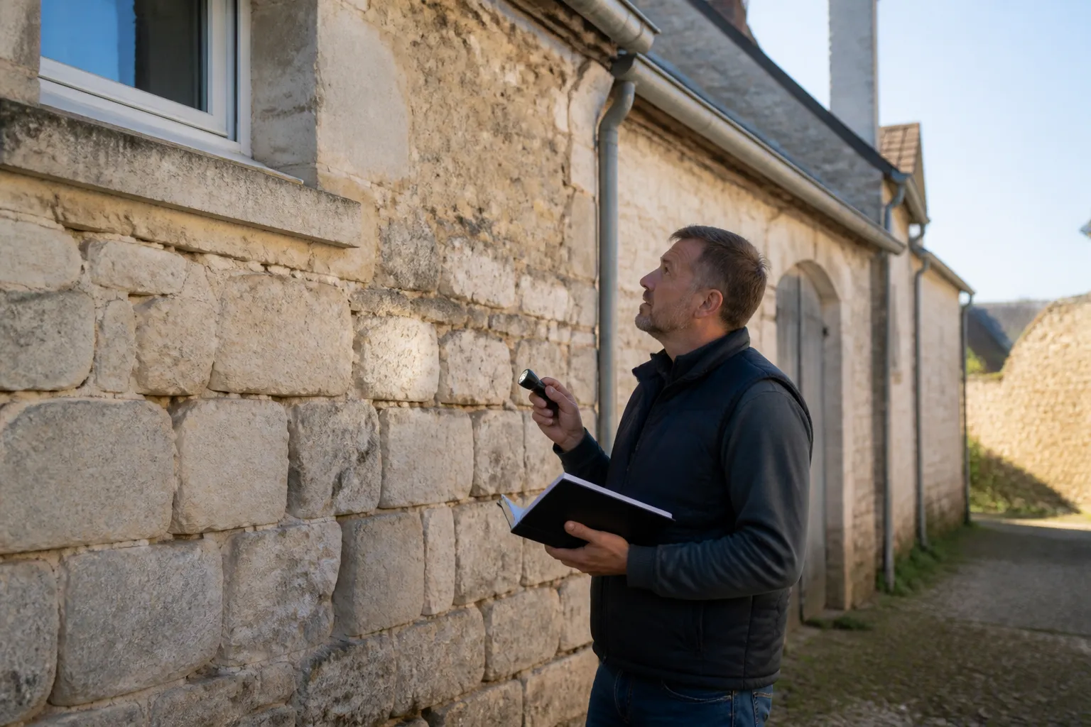 Expert en bâtiment examinant une façade de maison ancienne avant un achat