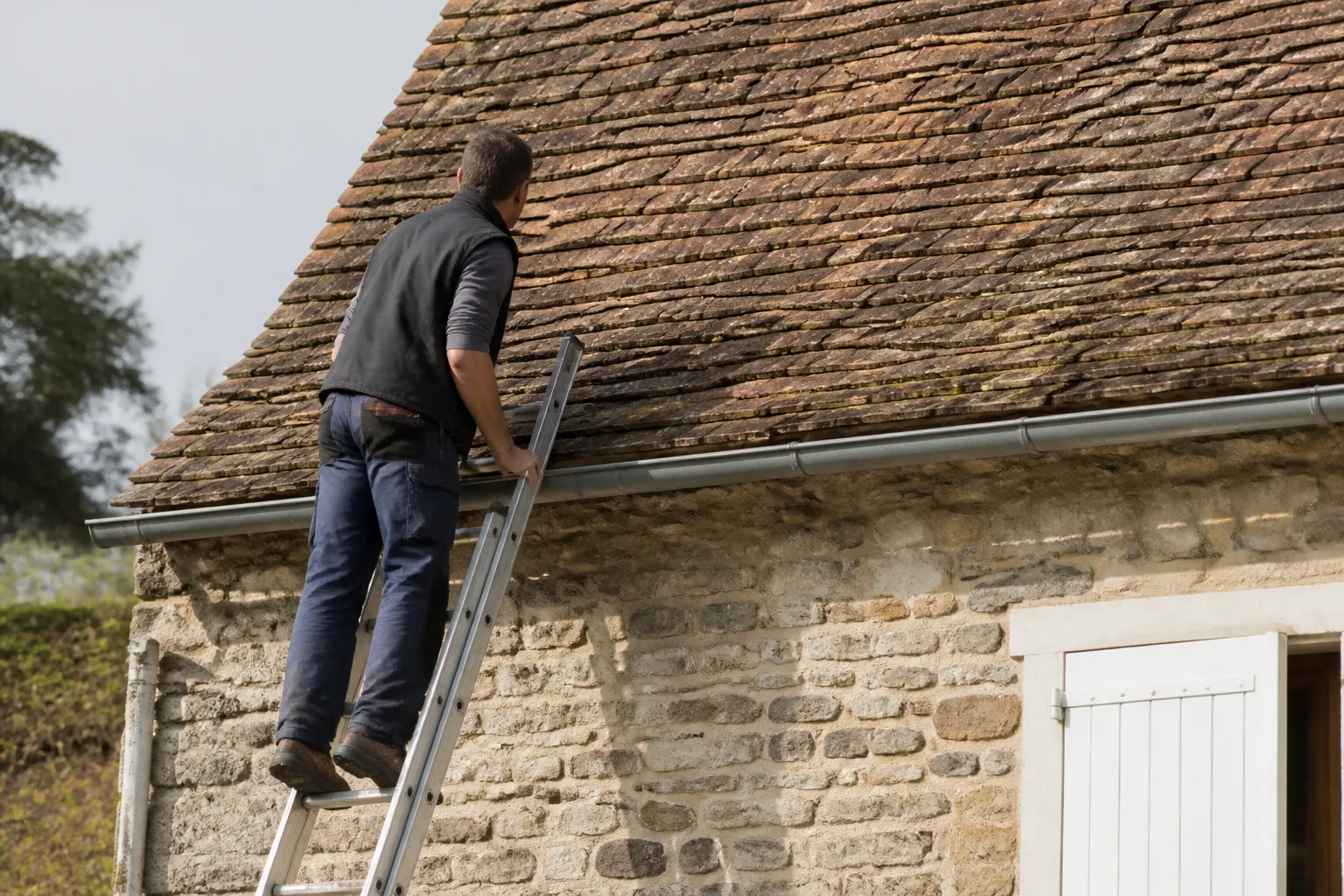 Artisan couvreur observant une toiture en tuiles depuis une échelle