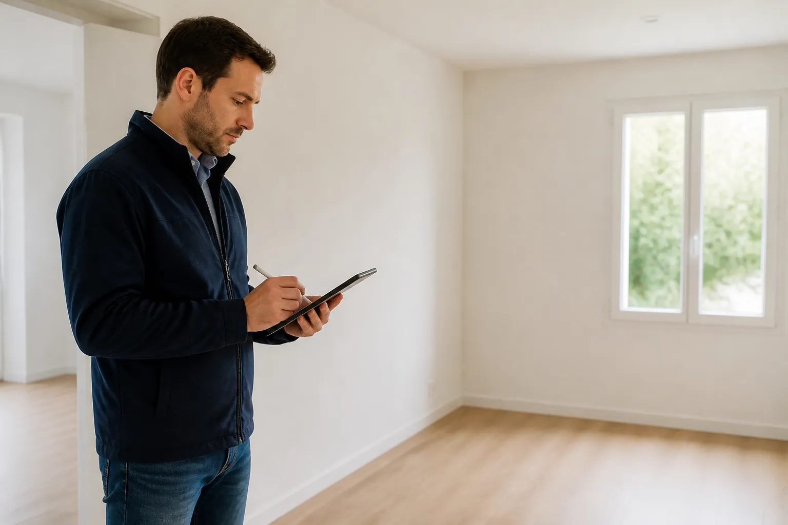 Expert en bâtiment rédigeant ses constats sur une tablette dans une pièce vide
