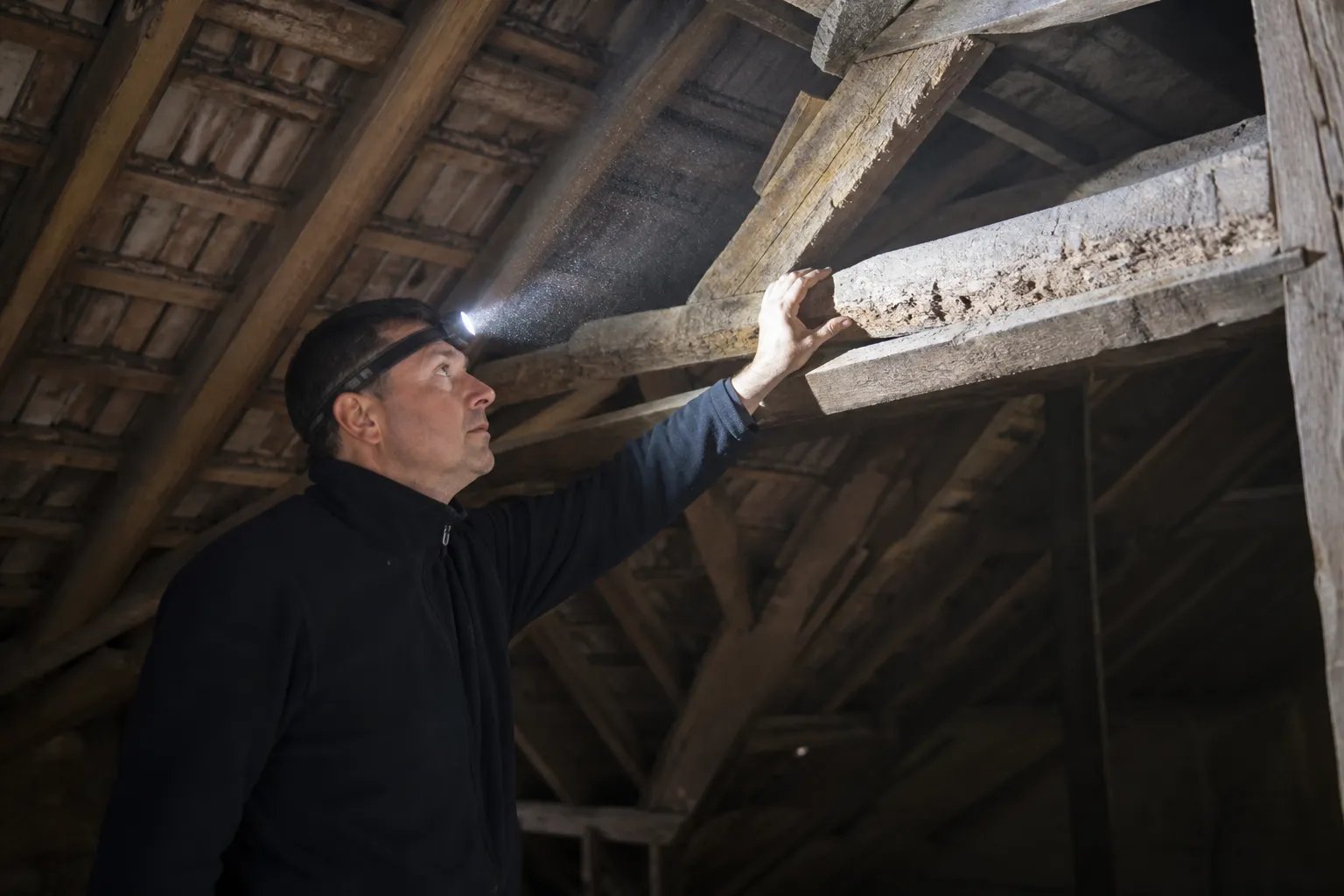 Expert inspectant une charpente traditionnelle dans des combles à la lampe