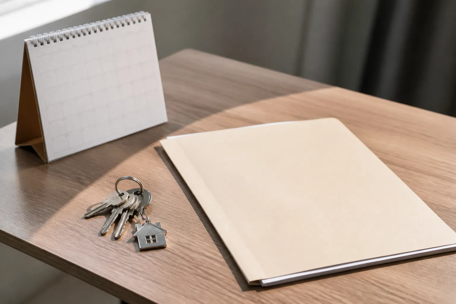 Calendrier et clés de maison posés sur un dossier de vente immobilière