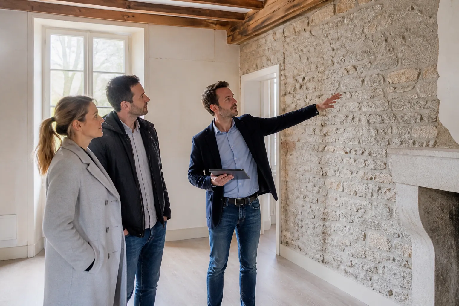 Couple visitant une maison ancienne avec un expert en bâtiment