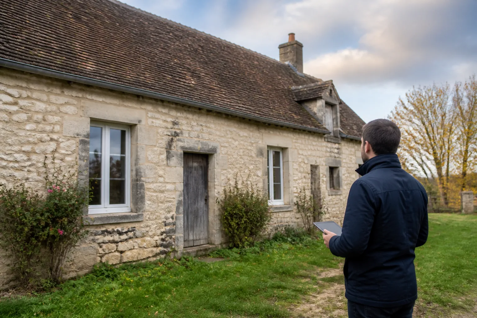Expert en bâtiment examinant une longère du Centre-Val de Loire