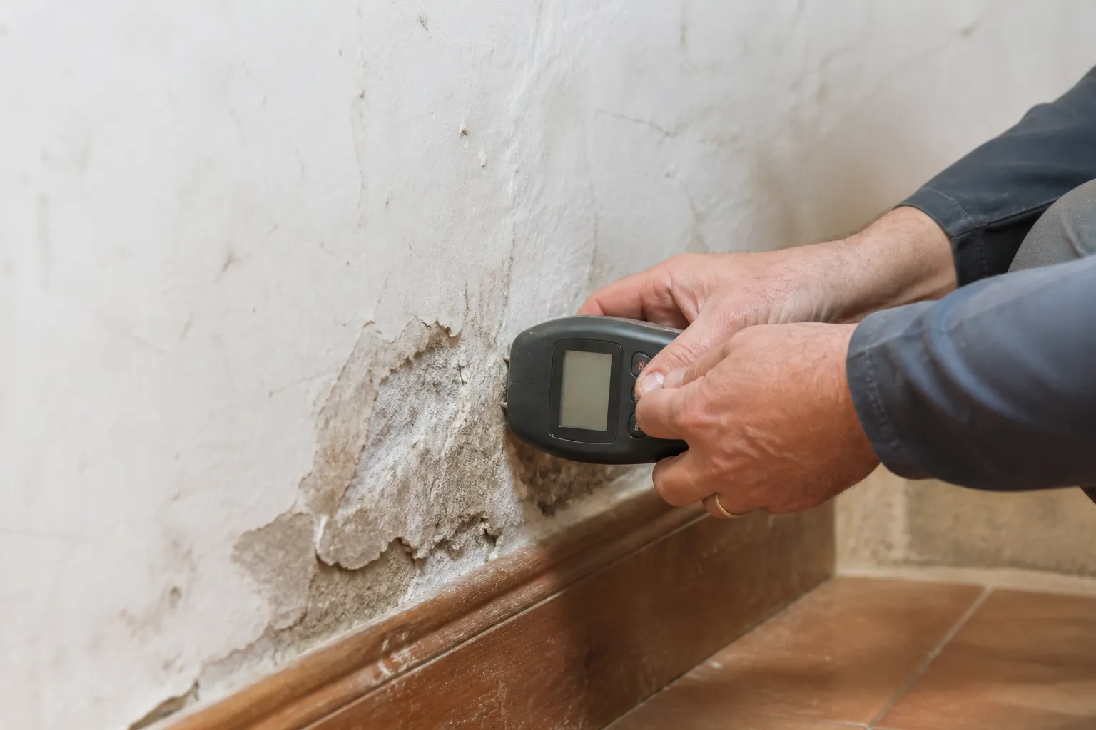 Expert en bâtiment mesurant l’humidité d’un mur avec un humidimètre