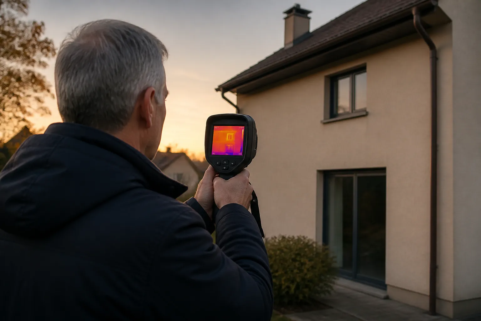 Expert utilisant une caméra thermique face à un mur extérieur