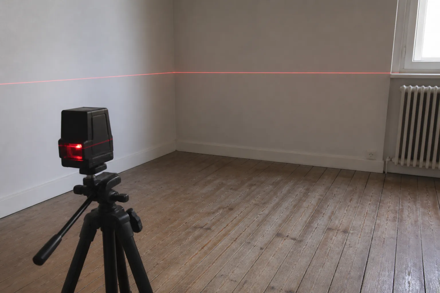 Niveau laser projetant une ligne rouge sur un mur intérieur