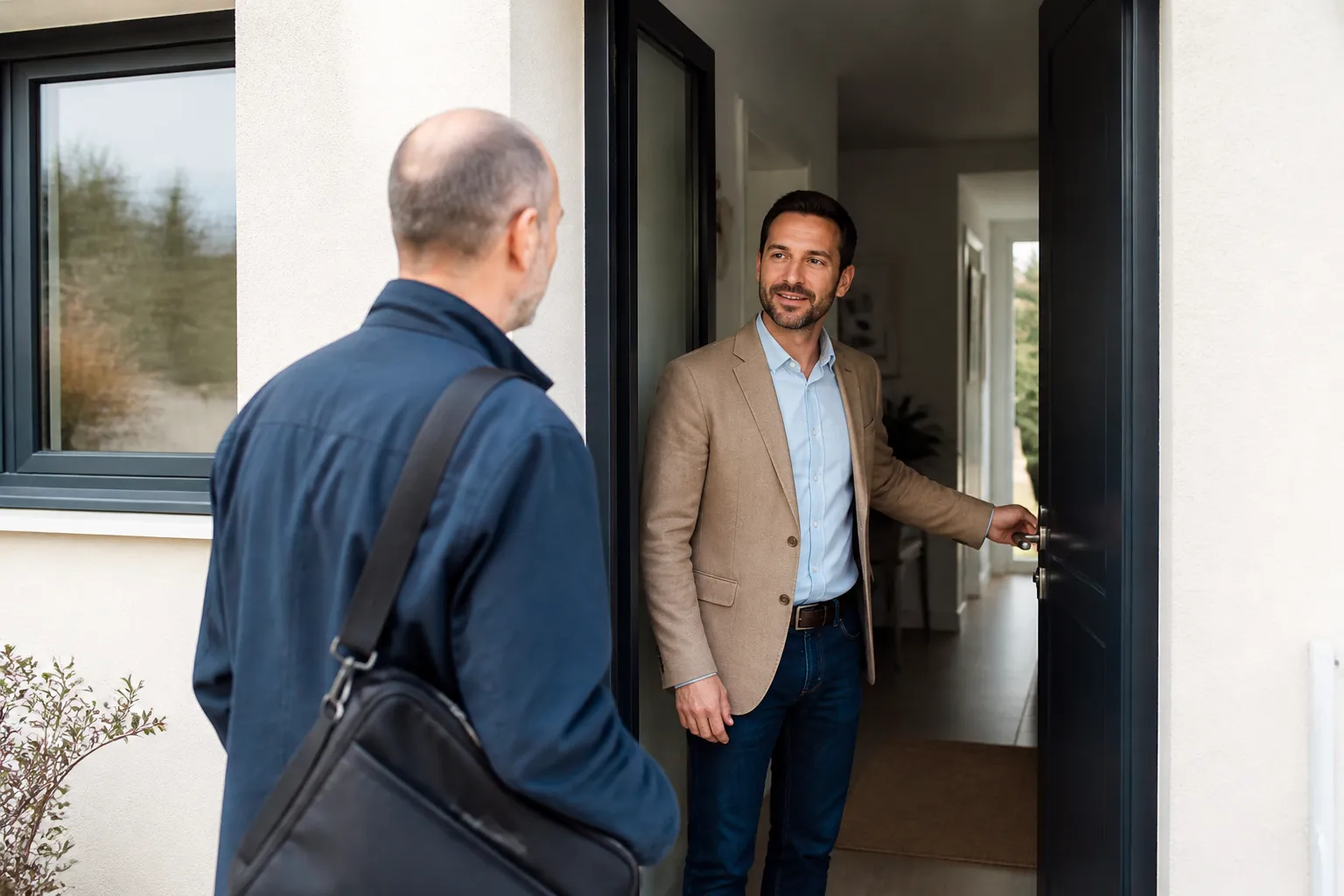 Agent immobilier ouvrant la porte d’une maison à un expert en bâtiment
