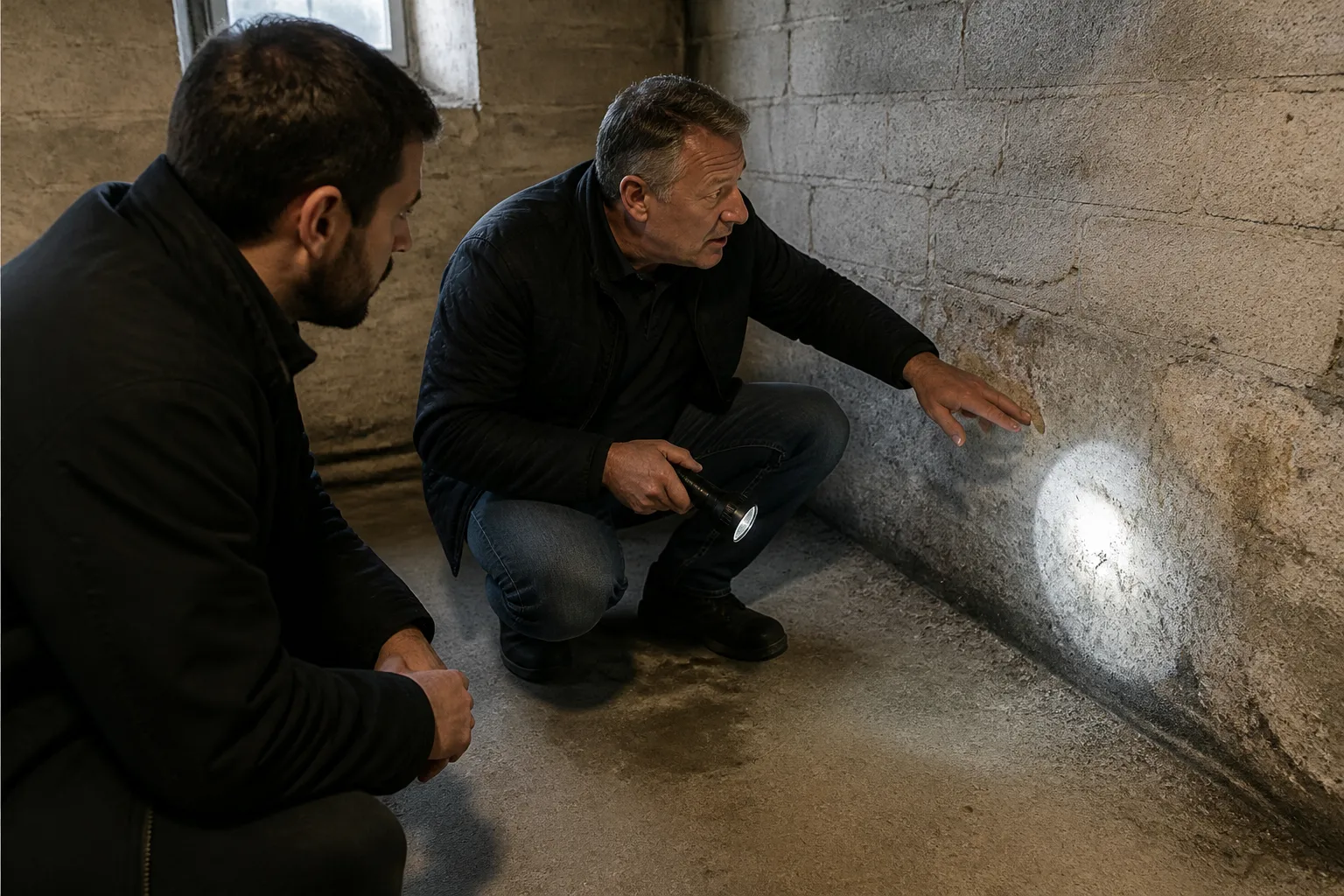 Expert montrant à un acheteur une tache d’humidité en pied de mur