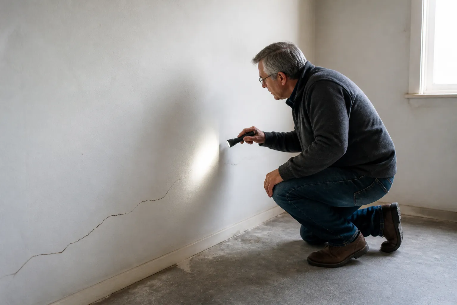 Expert en bâtiment seul examinant attentivement un mur intérieur fissuré