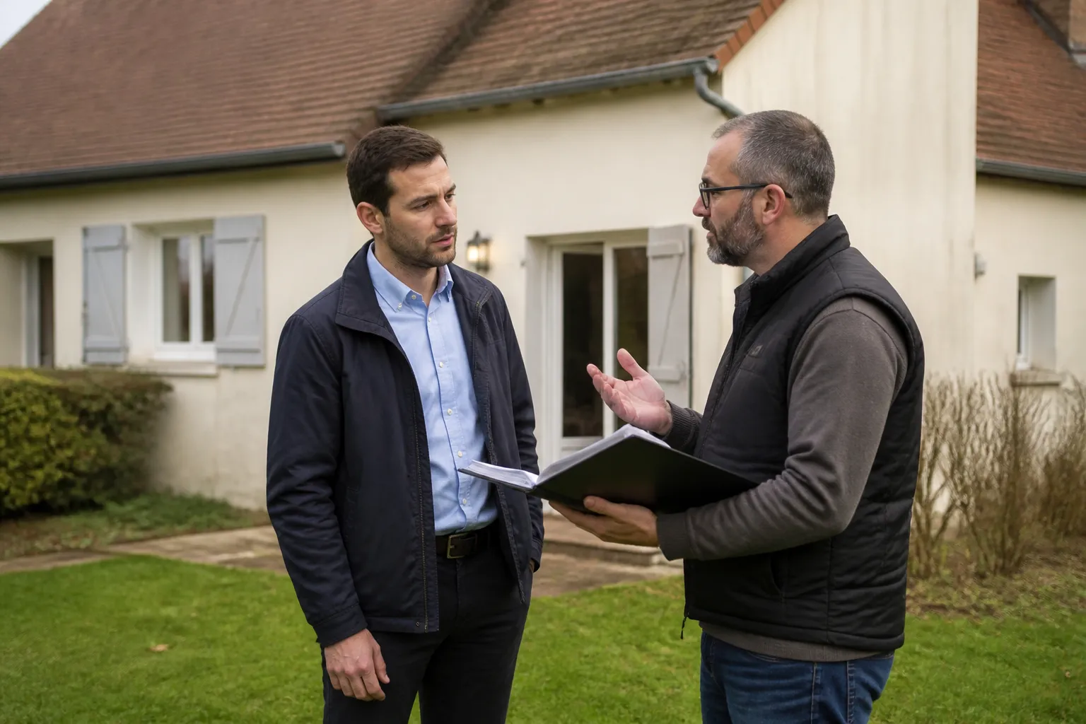 Acheteur et expert discutant dans un jardin devant une maison