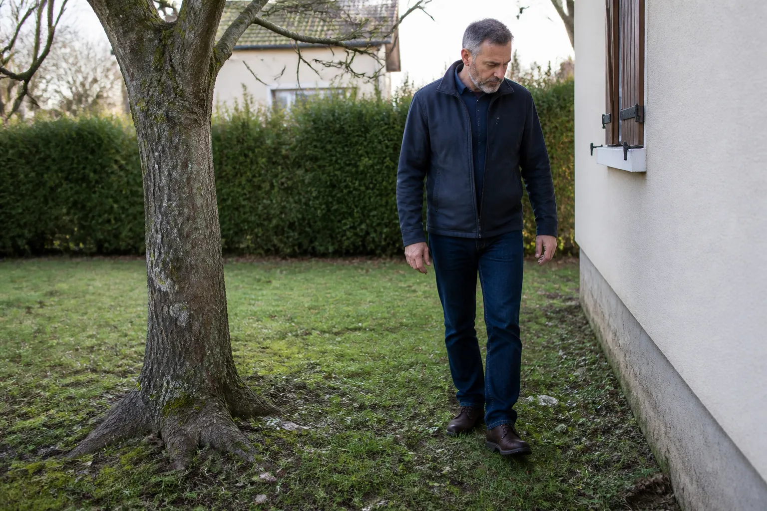 Expert observant le terrain et les abords d’une maison individuelle