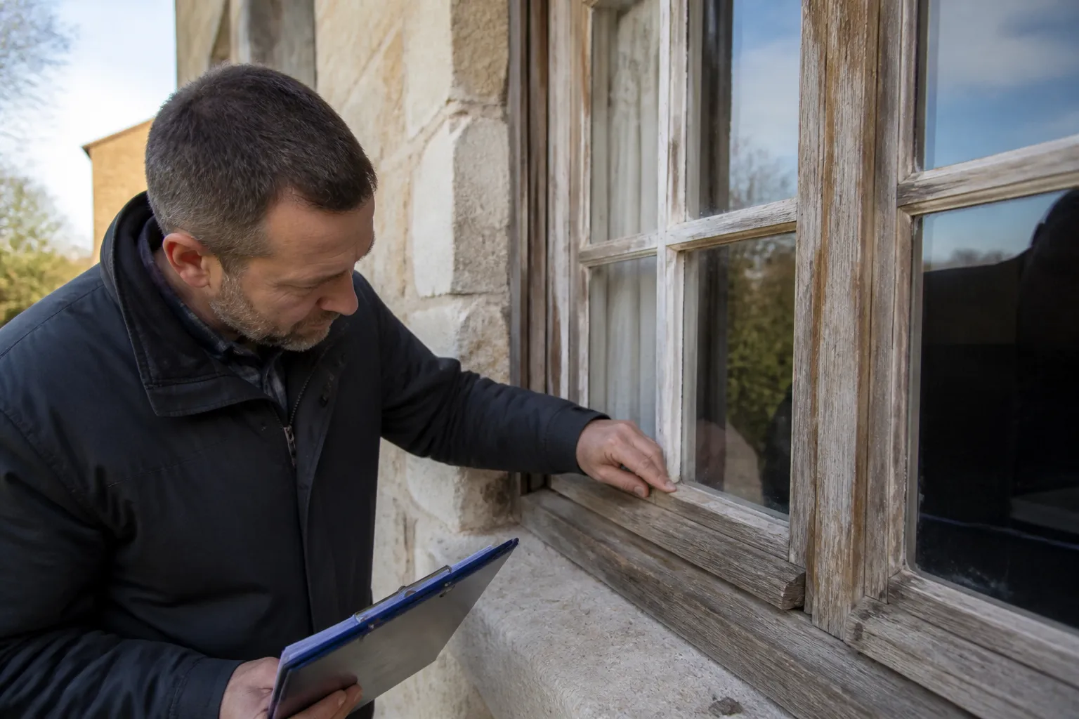 Expert en bâtiment examinant une fenêtre en bois d’une maison ancienne avant achat