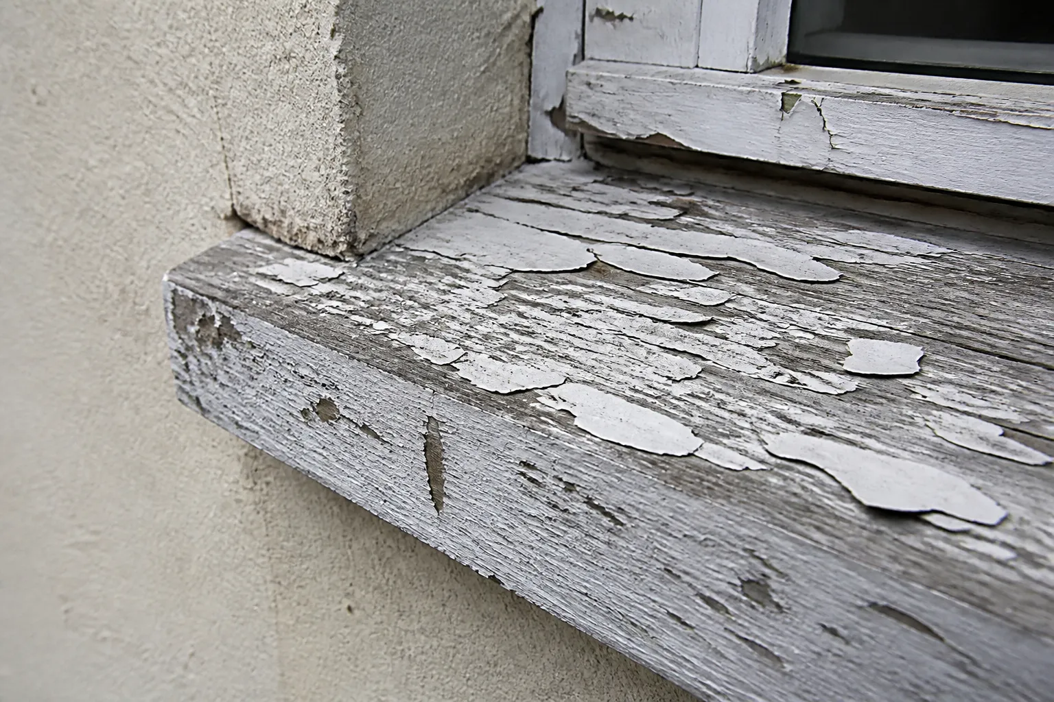 Pièce d’appui en bois dégradée sous une fenêtre ancienne