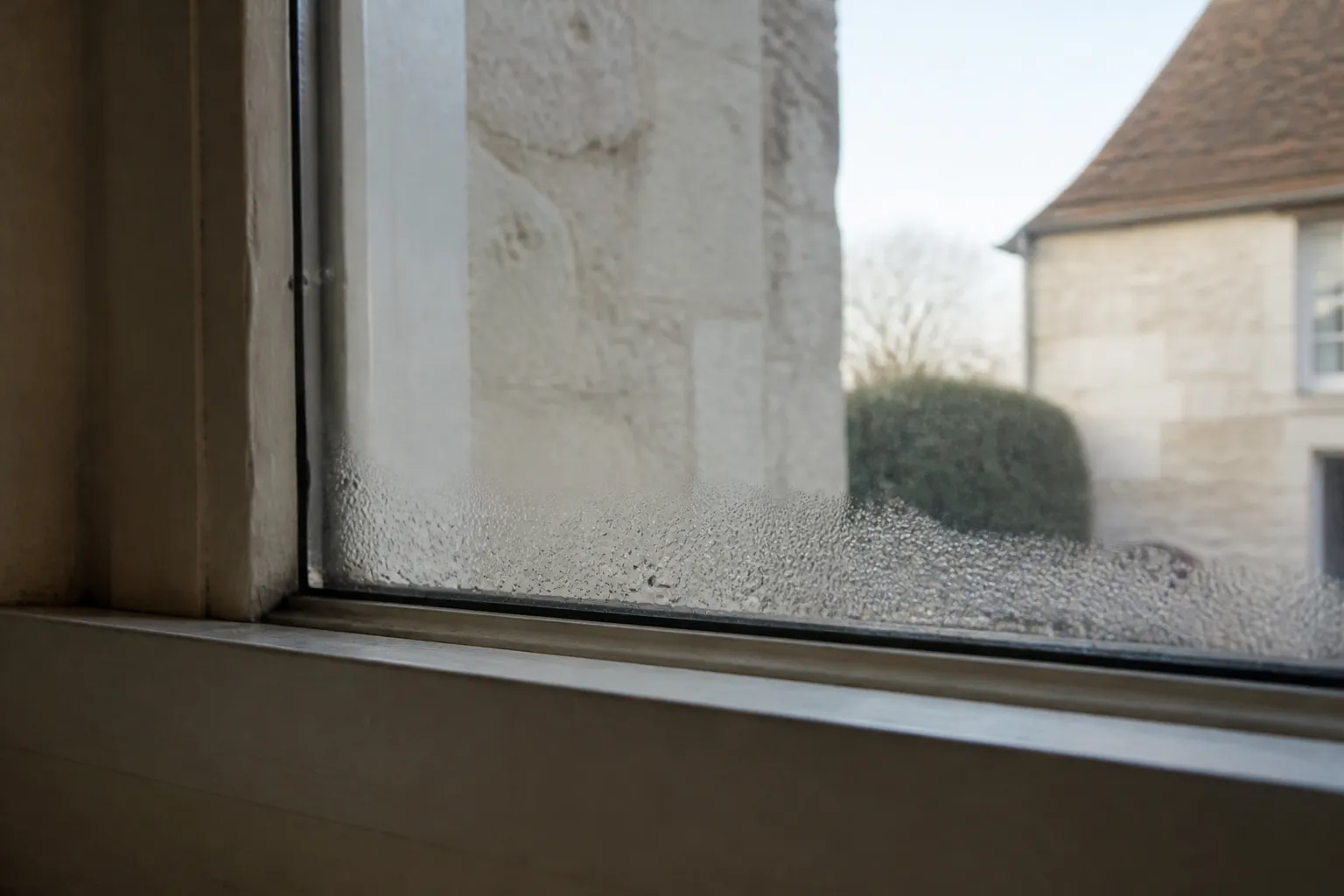 Condensation sur le vitrage d’une fenêtre en hiver