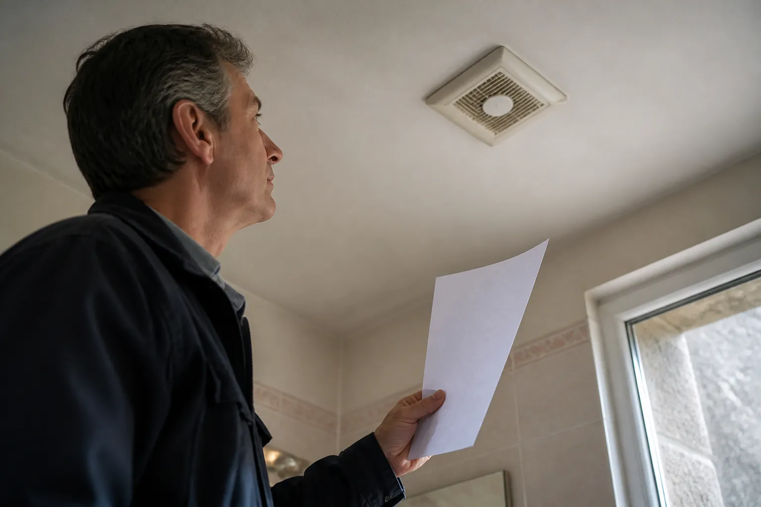 Expert en bâtiment vérifiant une bouche de VMC dans une salle de bains