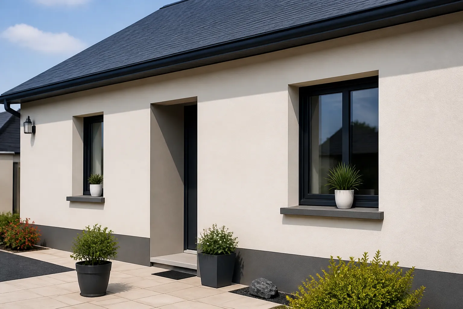 Façade de maison avec isolation par l’extérieur et soubassement