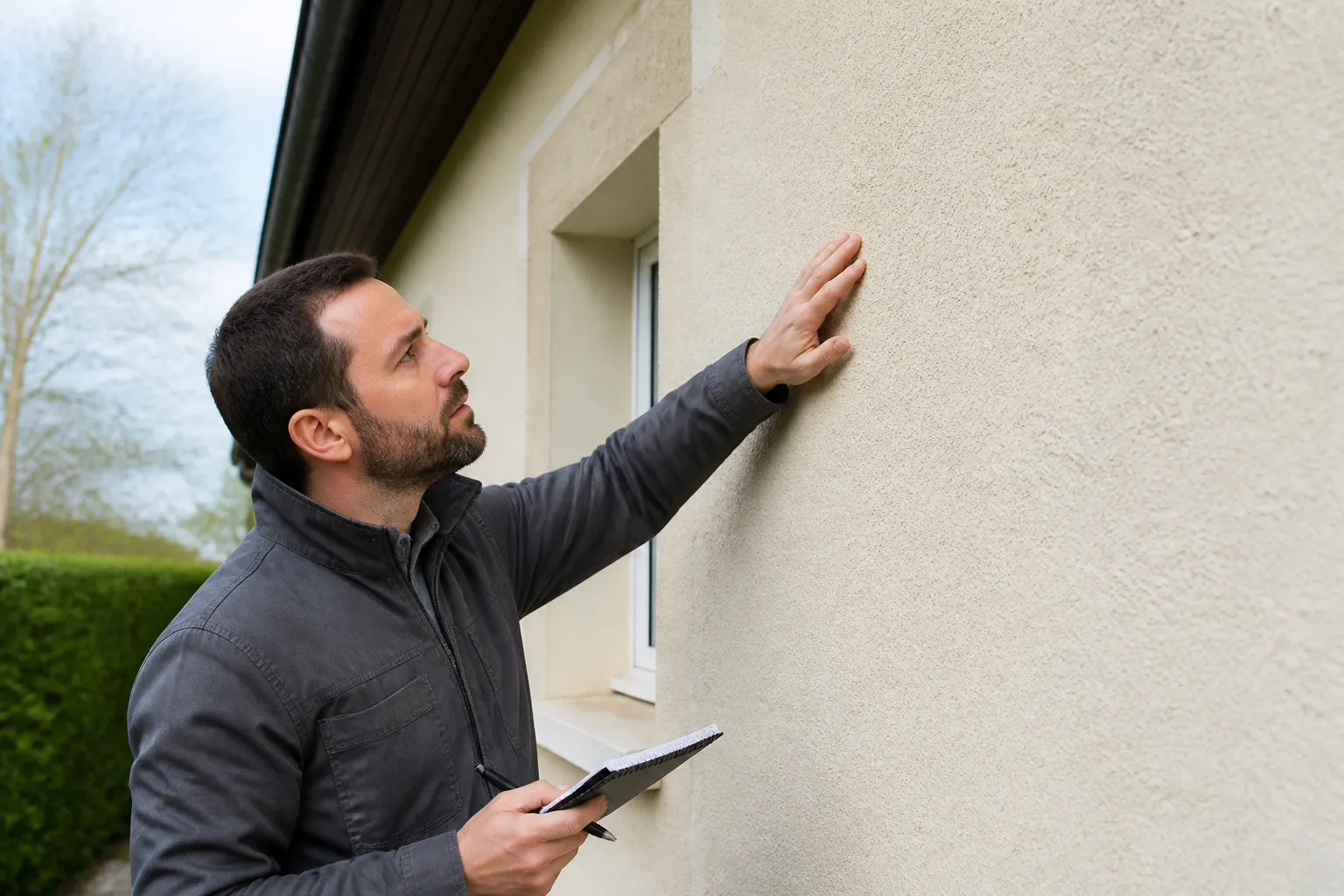 Expert en bâtiment observant la façade enduite d’une maison à vendre