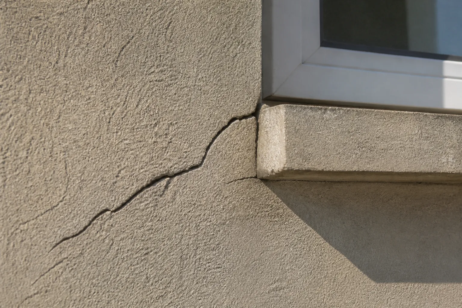 Fissure verticale dans l’enduit d’une façade sous une fenêtre