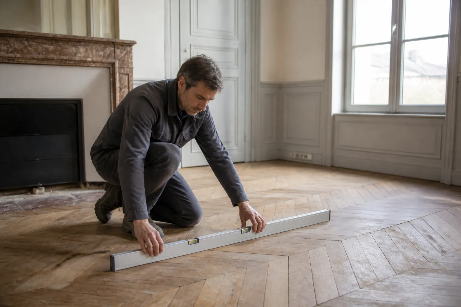 Expert en bâtiment contrôlant la planéité d’un parquet ancien avec un niveau