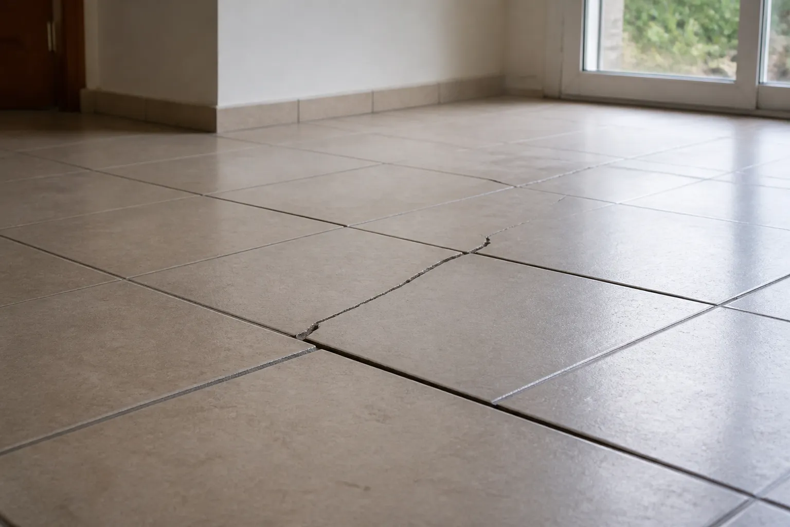 Carrelage fissuré et décollé sur un dallage affaissé