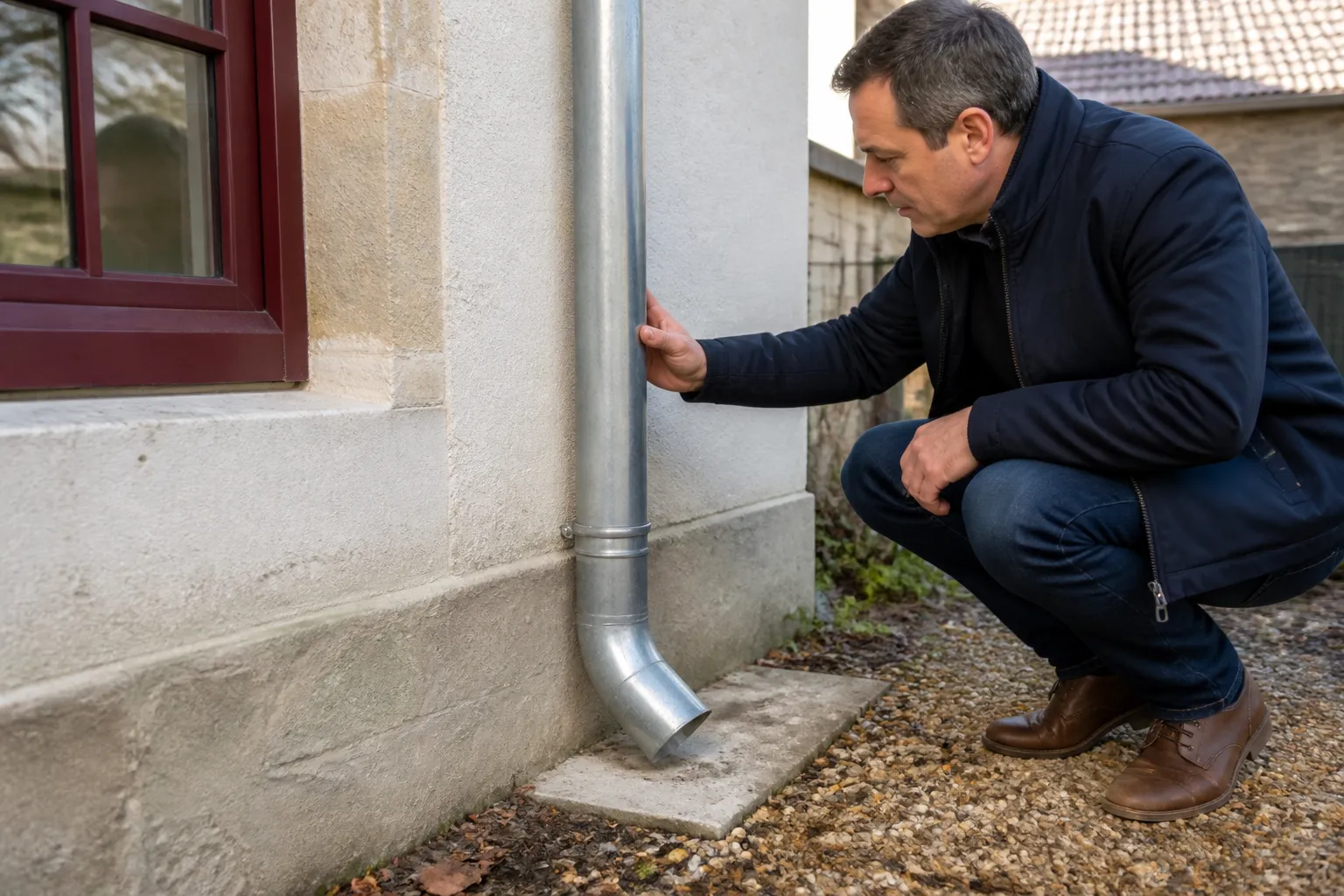 Expert en bâtiment observant une descente de gouttière au pied d’une maison