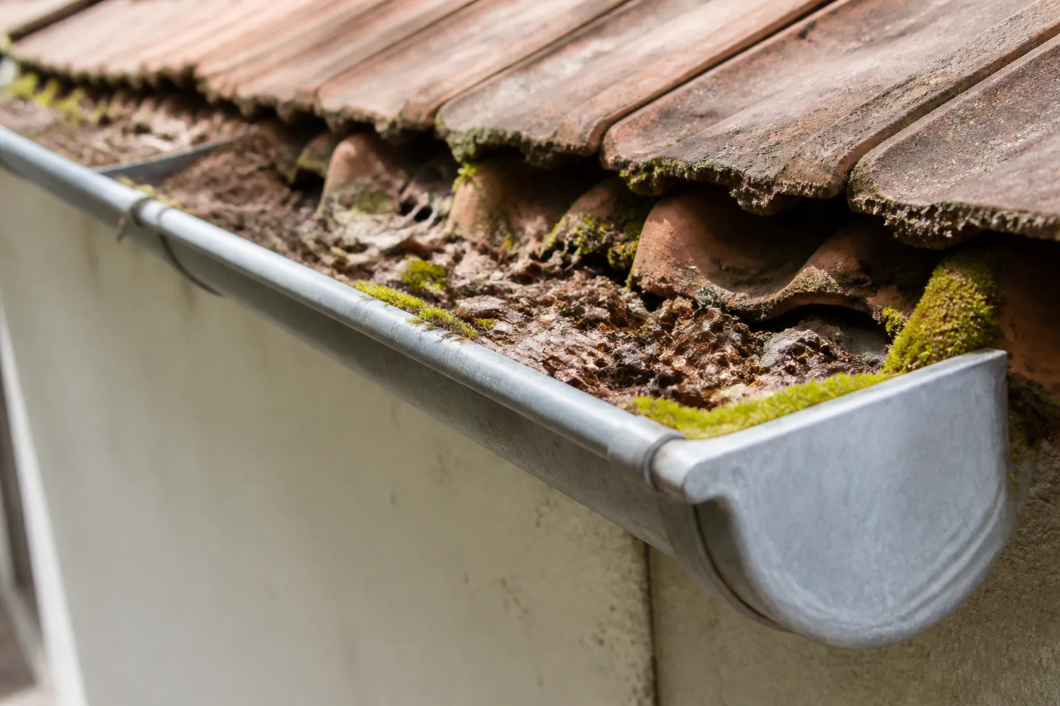 Gouttière en zinc encombrée de feuilles et de mousse