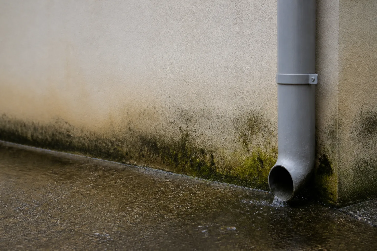 Pied de façade humide près d’une descente qui se déverse au sol