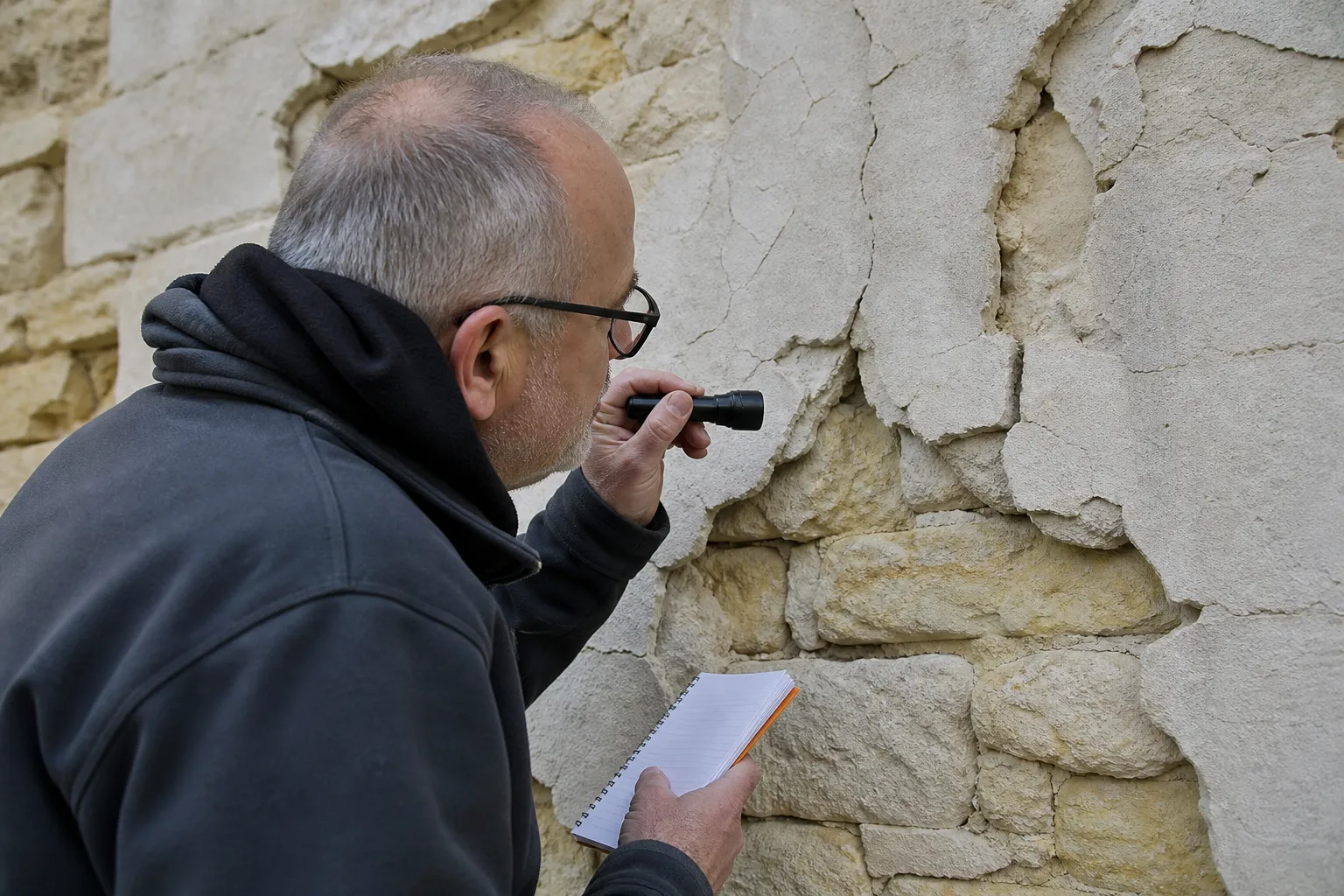 Expert en bâtiment examinant un enduit ciment fissuré sur un mur en tuffeau