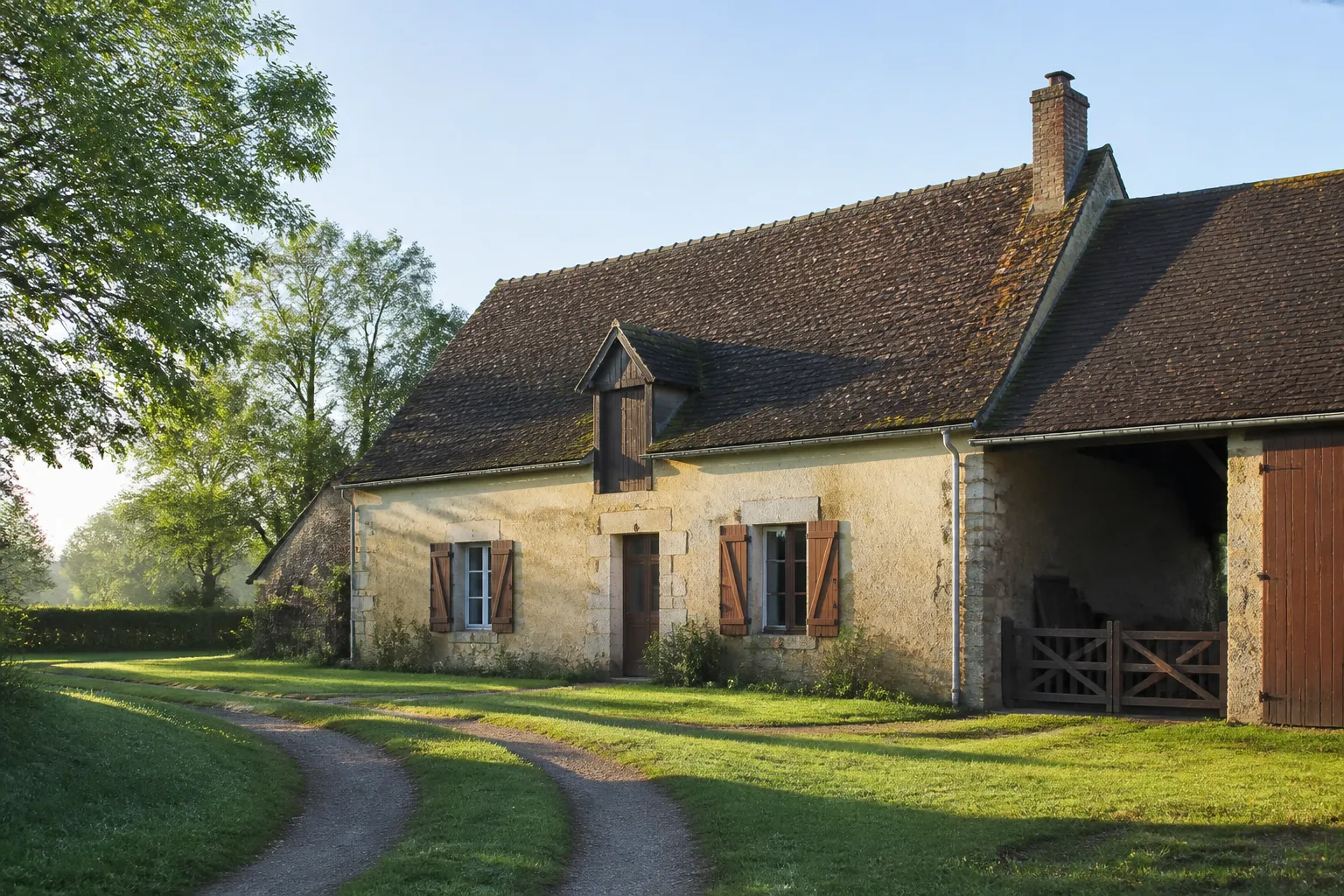 Longère berrichonne en pierre avec lucarne fourragère et grange attenante dans la campagne de l’Indre