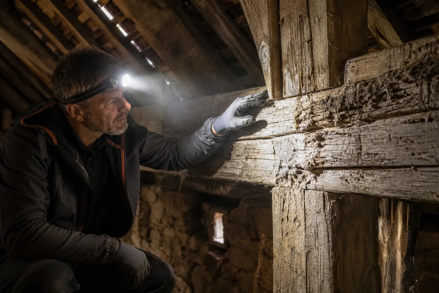 Expert en bâtiment inspectant la charpente d’un ancien grenier de corps de ferme
