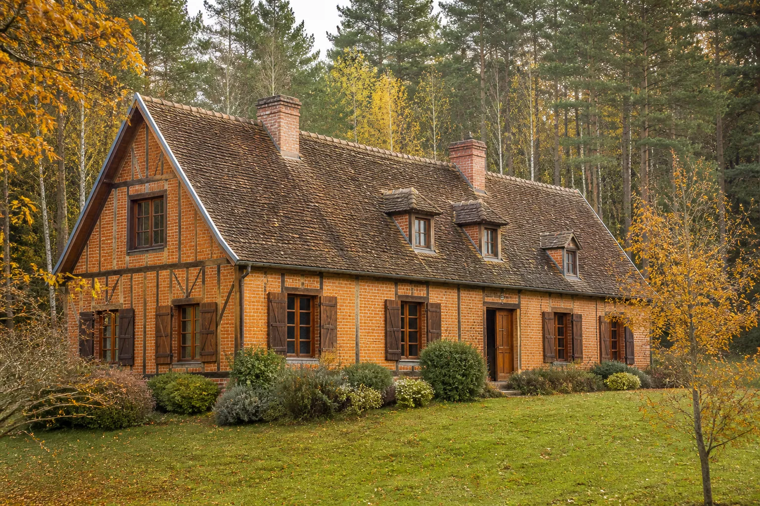 Maison traditionnelle de Sologne en brique rouge et pans de bois entourée de forêt