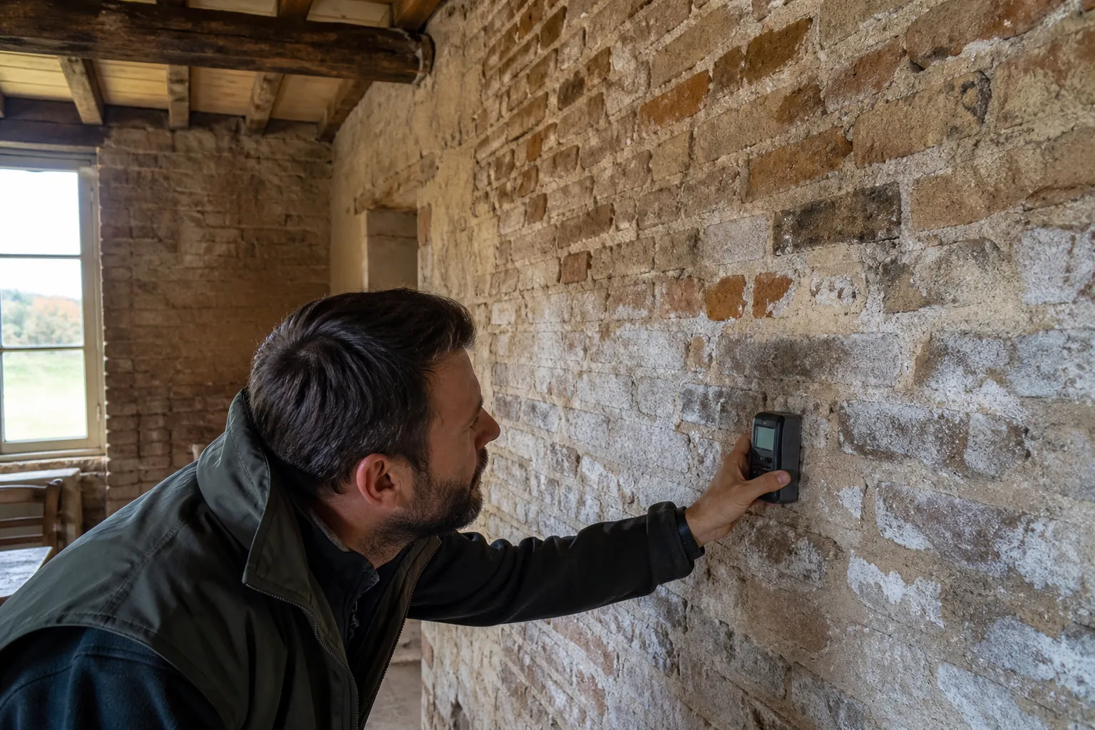 Expert en bâtiment contrôlant l’humidité d’un mur en brique ancienne