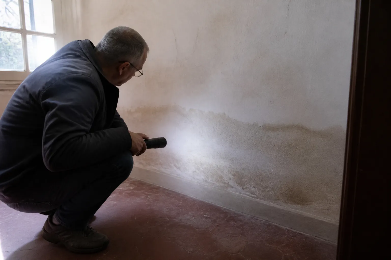 Expert en bâtiment examinant les traces d’humidité au rez-de-chaussée d’une maison